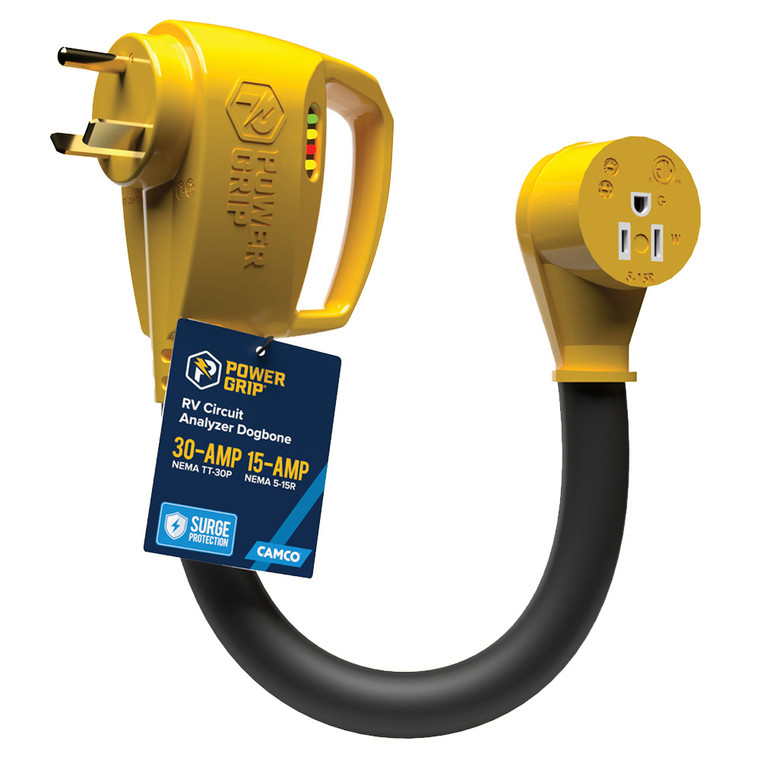 Camco Power Grip RV 12" 30Amp Circuit Analyzer Dogbone - Integrated Surge Protection - 55461