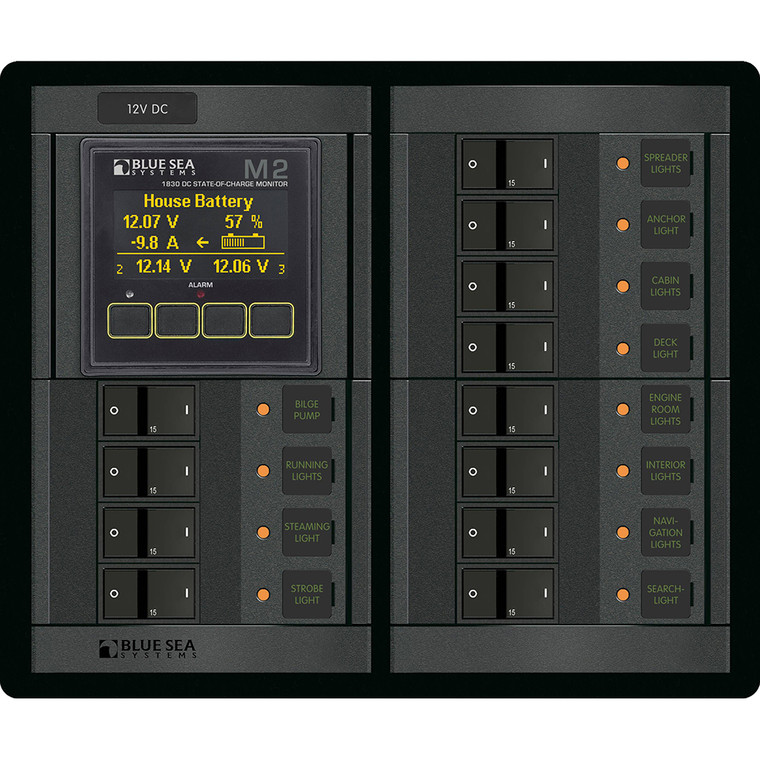 Blue Sea 1496 - 360 Panel - 12 Position 12V Flat Rocker M2 Multimeter w/SOC - 1496