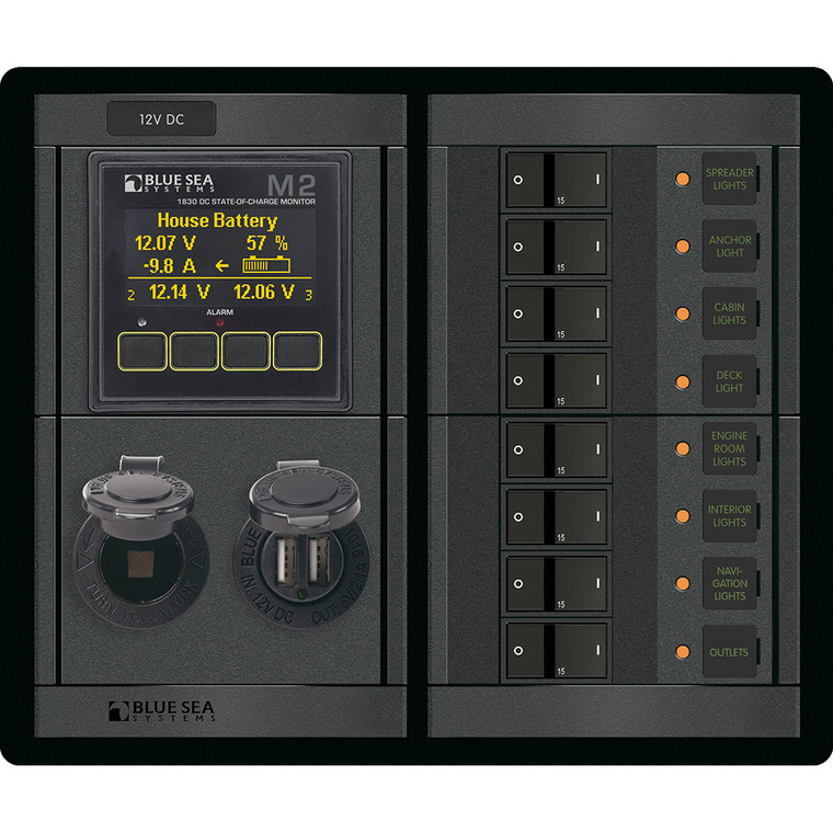 Blue Sea 1497 - 360 Panel - 8 Position 12V Flat Rocker M2 Multimeter w/SOC & Dual USB/12V Socket - 1497