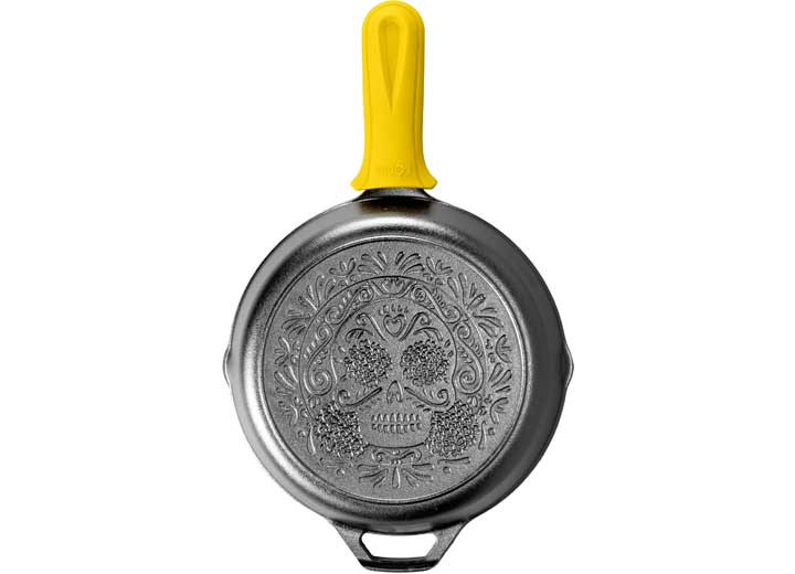 Lodge - Pack Of 4 10.25in Cast Iron Skillet W/sugar Skull W/yellow Silicone Handle Holder  Tray Pack Of 4 - LGEL8SKULLA1TS4
