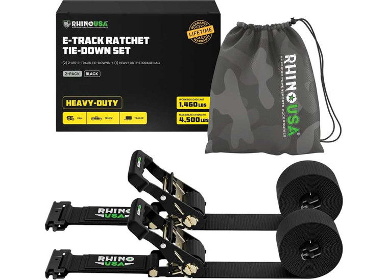 Rhino USA - Etrack Ratchet Straps 2in X 16ft Black (2pack) - RHUTD-SSET2X16-BLK