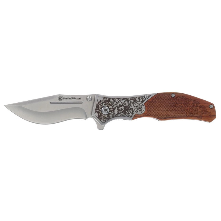 Smith & Wesson Unwavered Recurved Assisted Open Pocket Knife With Engraved Rosewood Handle - 1193150