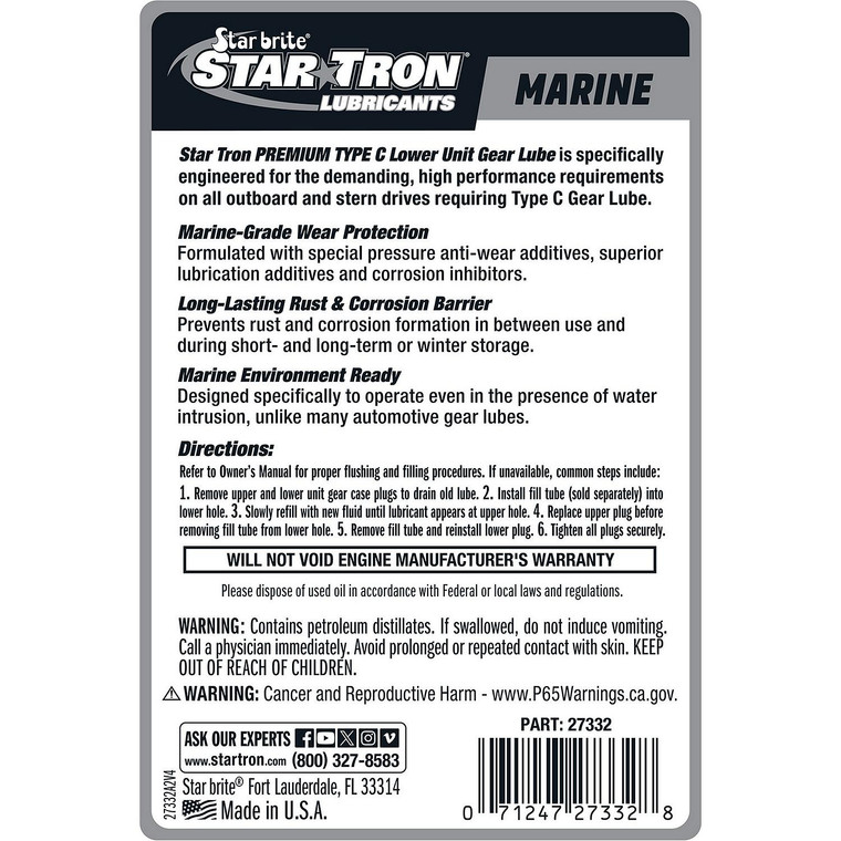 Starbrite 27332 Premium Type C Lower Unit Gear Lube, 32 oz. - 027332P