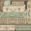 York Wallcoverings GX8185 Passport Suitcases Wallpaper Cream/Light Tan/Gold Metallic/Brown/Antique White/Dark Sea Foam