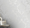 2834-42238 Margot Silver Damask Wallpaper Traditional Style Unpasted Non Woven Paper from Advantage Metallics Collection by Brewster Made in Great Britain