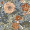 2999-13108 Victoria Floral Nouveau Wallpaper in Blue Red Brown Colors with Russet Coppery Blooms Flowers Botanical Style Non Woven Unpasted Wall Covering by Brewster