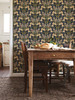 2999-44123 Kurre Woodland Damask Wallpaper in Dark Gold Blue Colors with Flowers Strawberries and Bumblebees Animals Animals Style Non Woven Unpasted Wall Covering by Brewster
