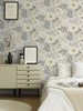 2999-13106 Victoria Pastel Floral Nouveau Wallpaper in Gray Yellow Off White Colors with Framed by Large Leaves Flowers Botanical Style Non Woven Unpasted Wall Covering by Brewster