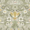 2999-24113 Ostanskar Retro Floral Wallpaper in Green Gold White Coral Grey Colors with Curling Scroll Leaves Flowers Botanical Style Non Woven Unpasted Wall Covering by Brewster