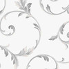 Norwall Wallcoverings Silk Impressions 2 IM36416  In-register Scroll Wallpaper White Grey Metallic Silver