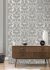 M1705 Windsor Damask Wallpaper in Grey Silver Colors with Timeless Silhouette Traditional Style Non Woven Unpasted Wall Covering by Brewster