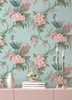 M1663 Golden Pheasant Aqua Floral Wallpaper in Green Blue Colors with  Birds Drawn Farmhouse Style Non Woven Unpasted Wall Covering by Brewster