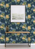M1661 Golden Pheasant Floral Wallpaper in Green Yellow Blue Colors with Greenery Peers Farmhouse Style Non Woven Unpasted Wall Covering by Brewster