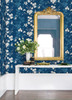 2973-90104 Nicolette Floral Trail Wallpaper with Winding Branches Dotted in Navy Blue Colors Modern Style Unpasted Acrylic Coated Paper by Brewster