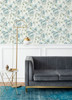 2973-90401 Mariell Dragonfly Wallpaper with Feathery Flowers in Teal Blue Green Gray Colors Modern Style Unpasted Acrylic Coated Paper by Brewster