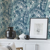 NUS3148 Maui Peel & Stick Wallpaper with Tropical Oasis Palm Print in Blue White Colors Tropical Style Peel and Stick Adhesive Vinyl