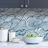 NUS3562 Saybrook Peel & Stick Wallpaper with a Large Scale Wave Design in Navy Blue Colors Modern Style Peel and Stick Adhesive Vinyl