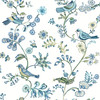 3122-10802 Jinjur Bird Trail Wallpaper with Florals Bloom Twisting Vines in Teal Blue Green White Colors Farmhouse Style Prepasted Acrylic Coated Paper