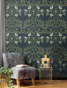 NW43902 Stenciled Floral Vintage Style Navy Sage Blue Vinyl Self-Adhesive Wallpaper by NextWall Made in United States