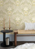 316010 Nasrin Light Beige Gold Gray Damask Wallpaper Non Woven Unpasted Wall Covering Posy Collection from Eijffinger by Brewster Made in Netherlands