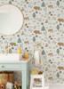 4060-139247 Finola Moss Green Bears Wallpaper Non Woven Unpasted Wall Covering Fable Collection from Chesapeake by Brewster Made in Netherlands