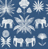 4014-26436 Bazaar Blue Elephant Oasis Animals Wallpaper Non Woven Unpasted Wall Covering Seychelles Collection from A-Street Prints by Brewster Made in Great Britain
