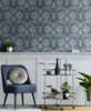 PR10302 Bird Ogee Prepasted Navy Sky Blue Wallpaper Vintage Style Prepasted Paper (Coated) Wall Covering by Prepasted Online from Seabrook Designs