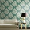 KT2146 Teardrop Damask Teal Green Off White Traditional Theme Unpasted Non Woven Wallpaper from Ronald Reddings 24 Karat Made in United States