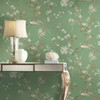 KT2175 Bird And Blossom Chinoserie Green Off White Tan Botanical Theme Unpasted Non Woven Wallpaper from Ronald Reddings 24 Karat Made in United States