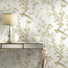 KT2174 Bird And Blossom Chinoserie Gold Off White Botanical Theme Unpasted Non Woven Wallpaper from Ronald Reddings 24 Karat Made in United States