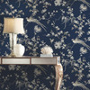 KT2171 Bird And Blossom Chinoserie Blue Off White Botanical Theme Unpasted Non Woven Wallpaper from Ronald Reddings 24 Karat Made in United States