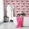 HG10301 Watercolor Floral Cerise Pink & Evergreen Floral Theme Vinyl Self-Adhesive Wallpaper Harry & Grace Peel and Stick Collection Made in United States