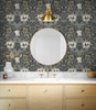 ET12608 Ogee Flora Charcoal & Goldenrod Floral Theme Nonwoven (FSC) Unpasted Wallpaper Legacy Prints Collection Made in Netherlands