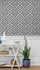 SC21300 Talia Botanical Medallion Black and White Geometric Theme Heavyweight Acrylic Coated Paper Unpasted Wallpaper Summer House Collection Made in United States