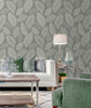 EW10010 Tossed Leaves Charcoal Linen Botanical Theme Nonwoven Unpasted Wallpaper White Heron Collection Made in Netherlands