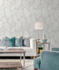 EW10007 Tossed Leaves Dove Greige Botanical Theme Nonwoven Unpasted Wallpaper White Heron Collection Made in Netherlands
