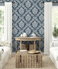NW53602 Seaside Damask Denim Blue Damask Theme Vinyl Self-Adhesive Wallpaper NextWall Peel & Stick Collection Made in United States