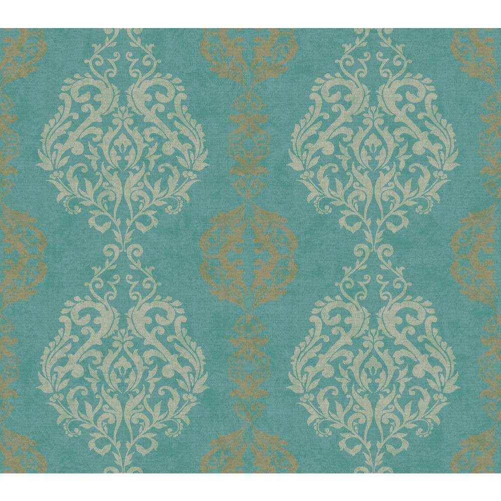 teal and gold damask wallpaper