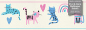 GB90260 Grace & Gardenia Colorful Cats Peel and Stick Wallpaper Border 10in Height x 15ft Long, Pink Blue Green Cream