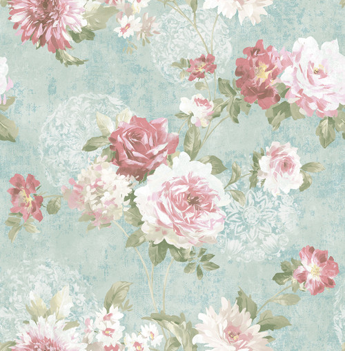 Laced Roses Wallpaper in Bloom Blue VA10502 from Wallquest