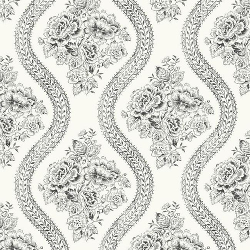York Wallcoverings MH1597 Magnolia Home Coverlet Floral Removable Wallpaper Black/Off White