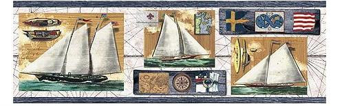 Blonder CL4100-1B Sailboat Nautical Wallpaper Border, Dark Blue