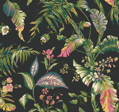 York AT7093 Tropics Fiji Garden Wallpaper black teal aqua lavender yellow pink