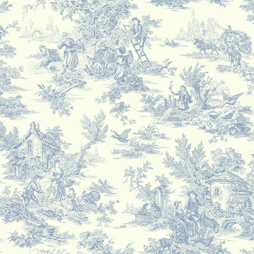 York Wallcoverings AT4229 Blue Book Champagne Toile Wallpaper Blue/White