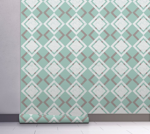 GW10041 White and Gray Diamonds on Green Peel and Stick Wallpaper Roll 20.5 inch Wide x 18 ft. Long Green/Gray/White