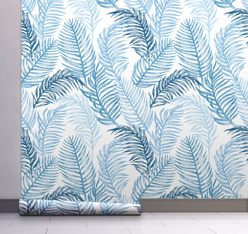 GW12061 Hand Drawn Palms Peel and Stick Wallpaper Roll 20.5 inch Wide x 18 ft. Long, Blue