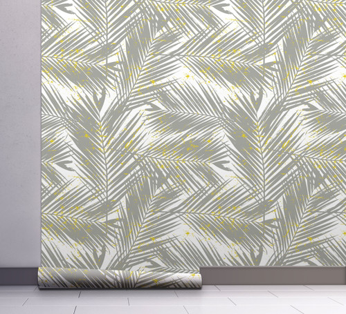 GW128011 Gray Palms with Yellow on White Peel and Stick Wallpaper Roll 20.5 inch Wide x 18 ft. Long Gray/Yellow