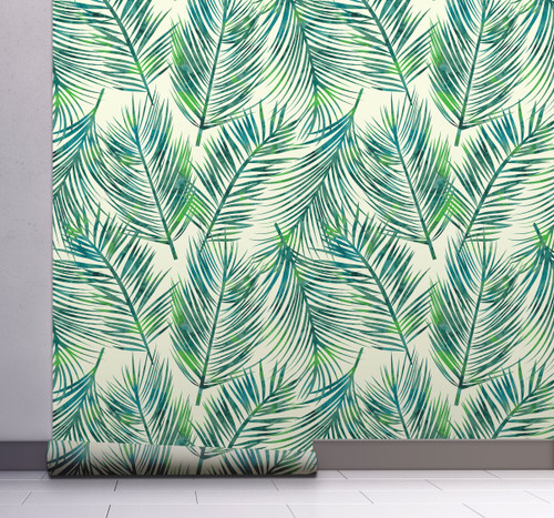GW128051 Blue and Green Palms Peel and Stick Wallpaper Roll 20.5 inch Wide x 18 ft. Long Blue/Green