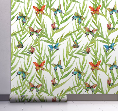 GW128021 Tropical Leaves and Butterflies Peel and Stick Wallpaper Roll 20.5 inch Wide x 18 ft. Long, Green/Orange/Blue