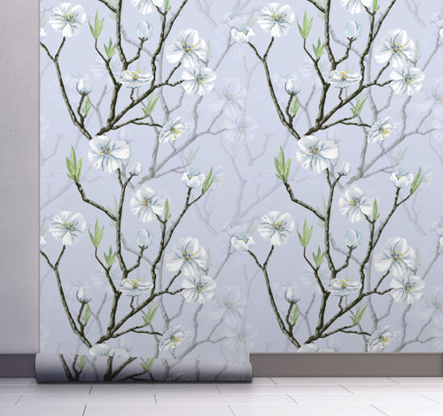 GW5051 Plum Blossoms Peel and Stick Wallpaper Roll 20.5 inch Wide x 18 ft. Long, Light Blue/White/Gray